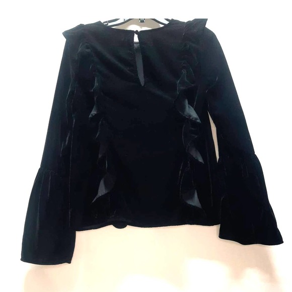 Ribbon Designs Black Velour Ruffle Long Bell Sleeves Dressy Top See measurements - Picture 2 of 5